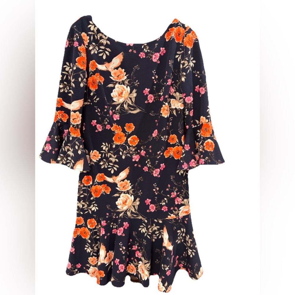 Eliza J Navy & Orange Floral Bird Print Bell Sleeve Ruffle Hem Dress Excellent 6